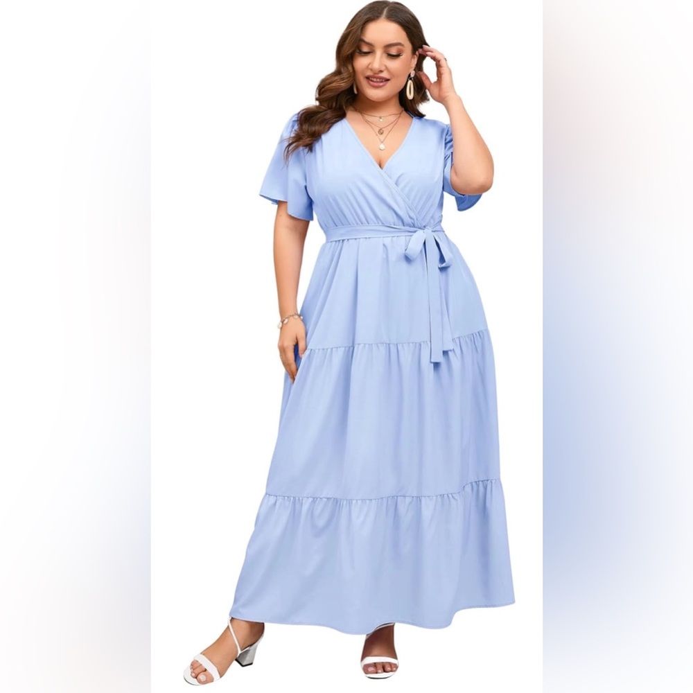 Light Blue Wrap Long Dress with Tie Waist